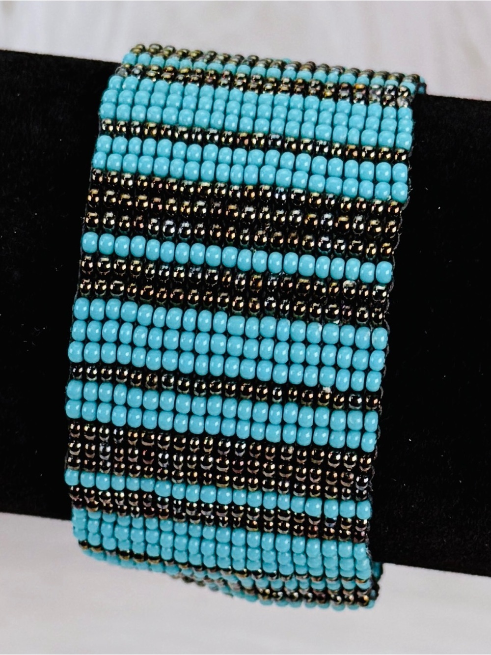 Vintage bohemian chic blue beaded, magnetic closure, wideband bracelet